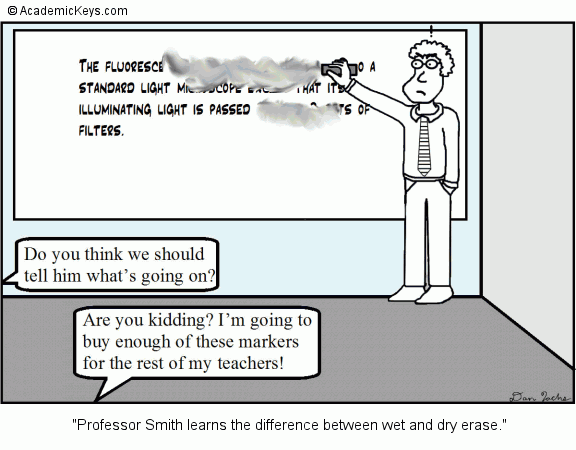 Cartoon #32, Professor Smith learns the difference between wet and dry erase.